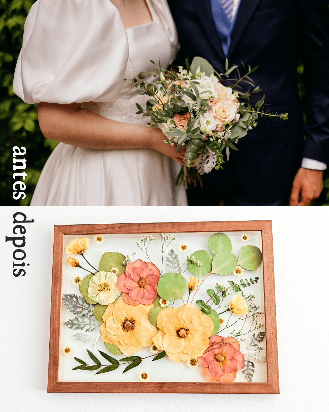 Before and after: fresh wedding bouquet and the same transformed into a botanical art frame