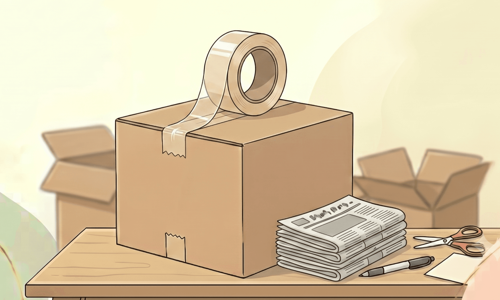 Materials on a table for packing flowers: cardboard box, roll of tape, newspaper, scissors and pen.