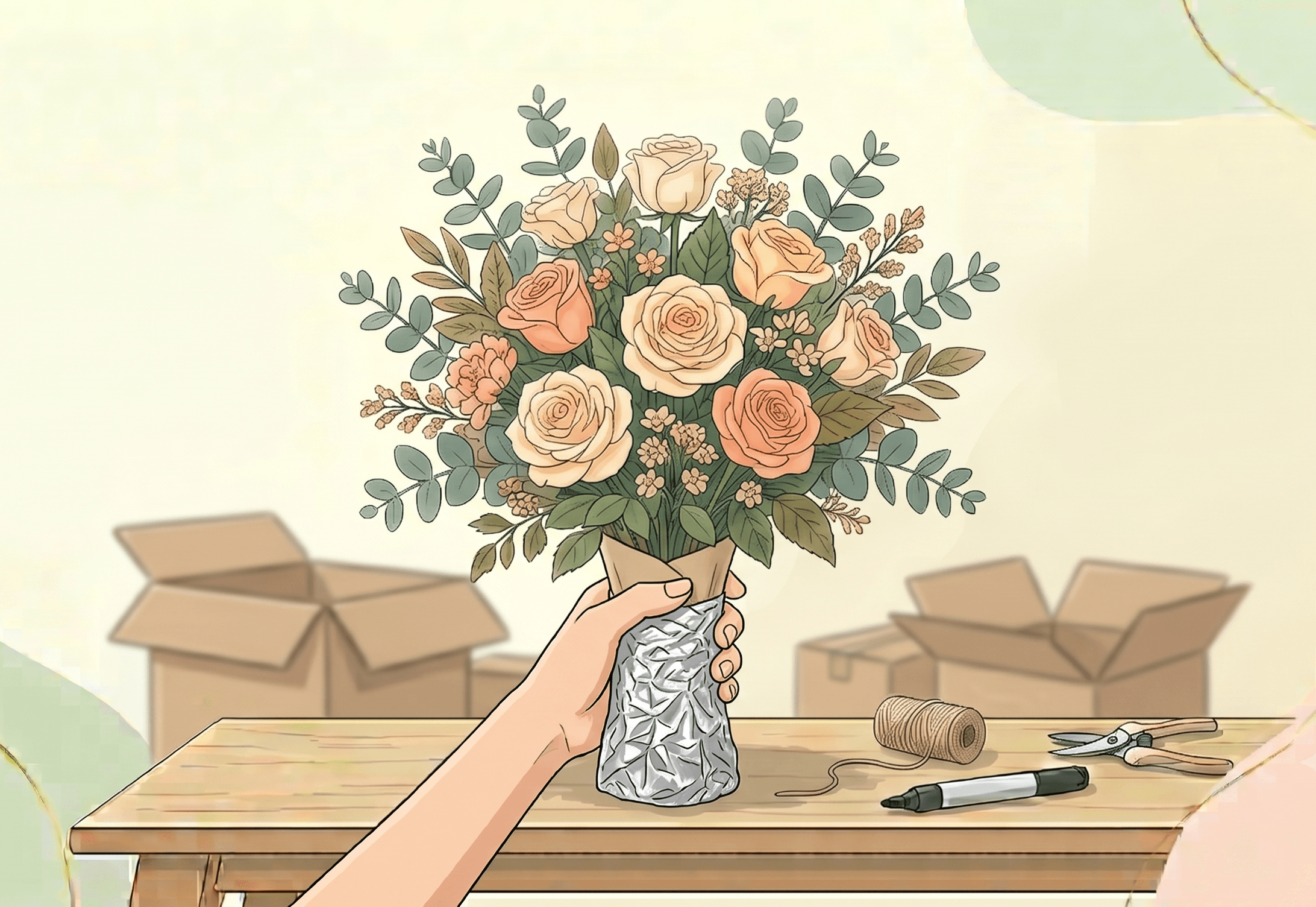 Hands holding a bouquet with the stems wrapped in aluminium foil to retain moisture.