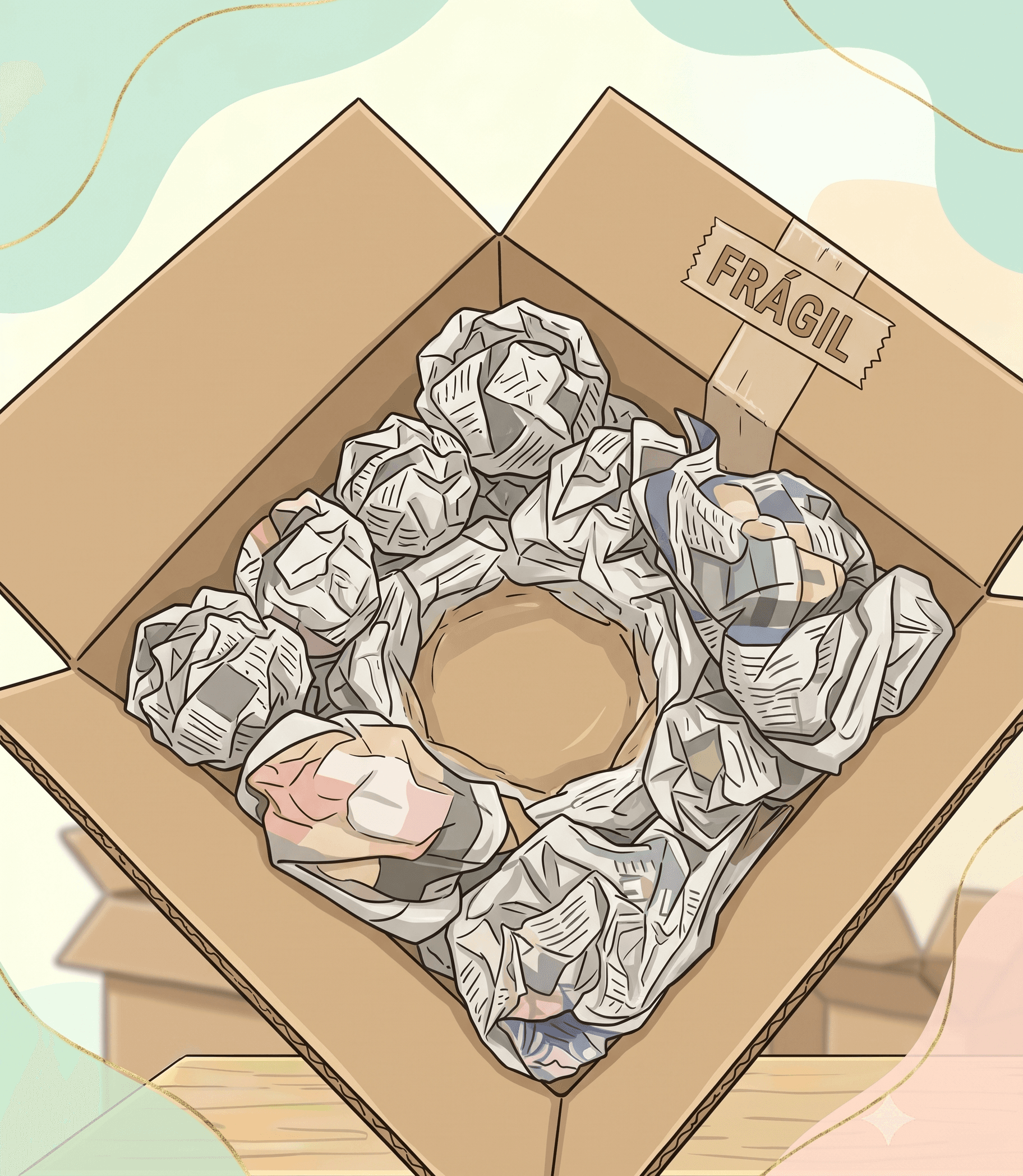 Open cardboard box lined with scrunched paper forming a central nest, with a FRAGILE label.