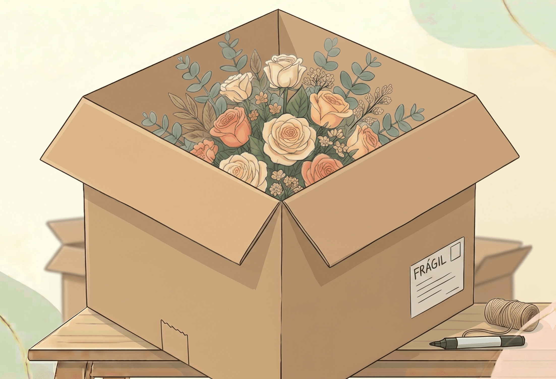 Bouquet resting in the paper nest inside the cardboard box, ready to be shipped.