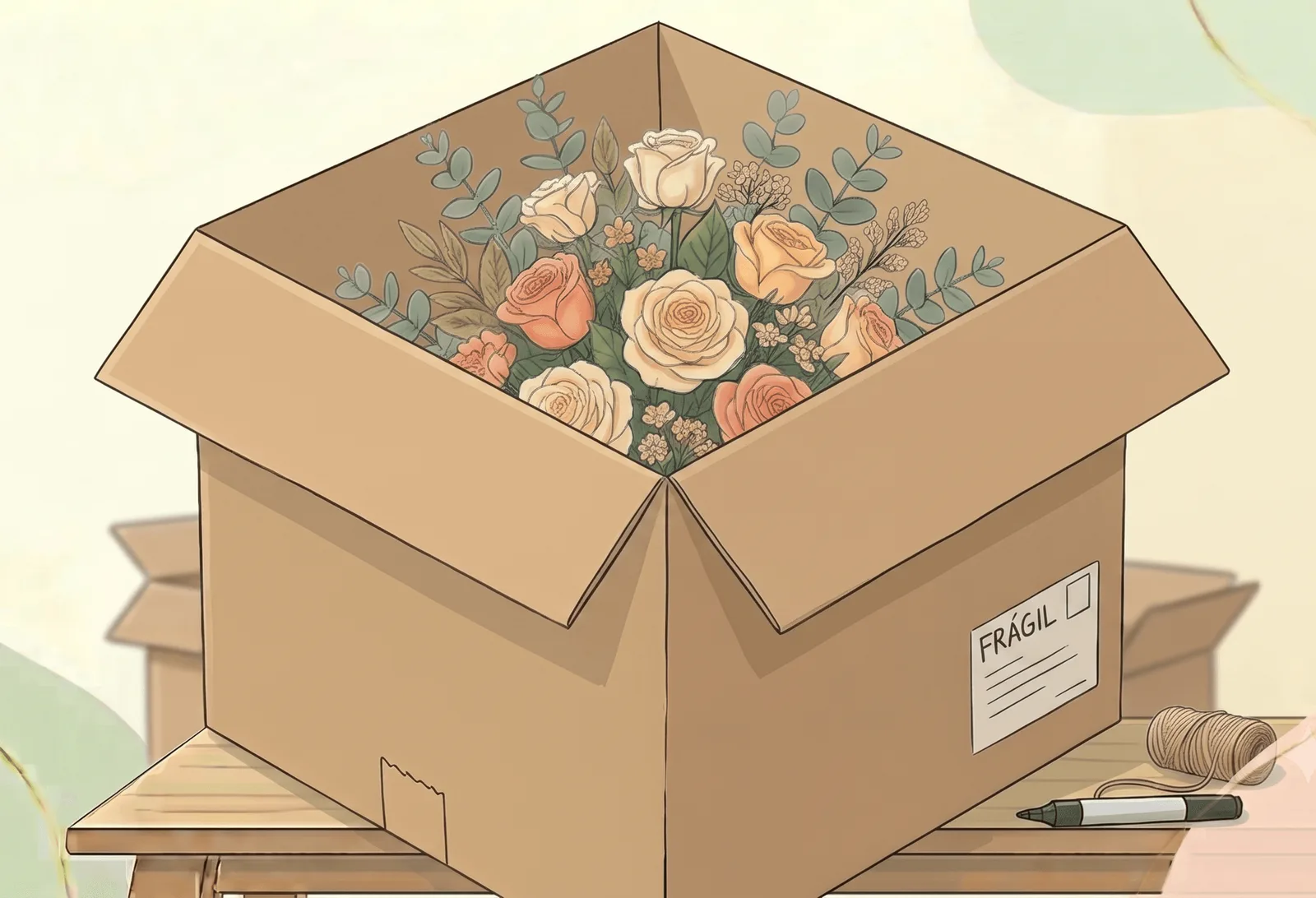 Bouquet pousado no ninho de papel dentro da caixa de cartão, pronto a ser enviado.