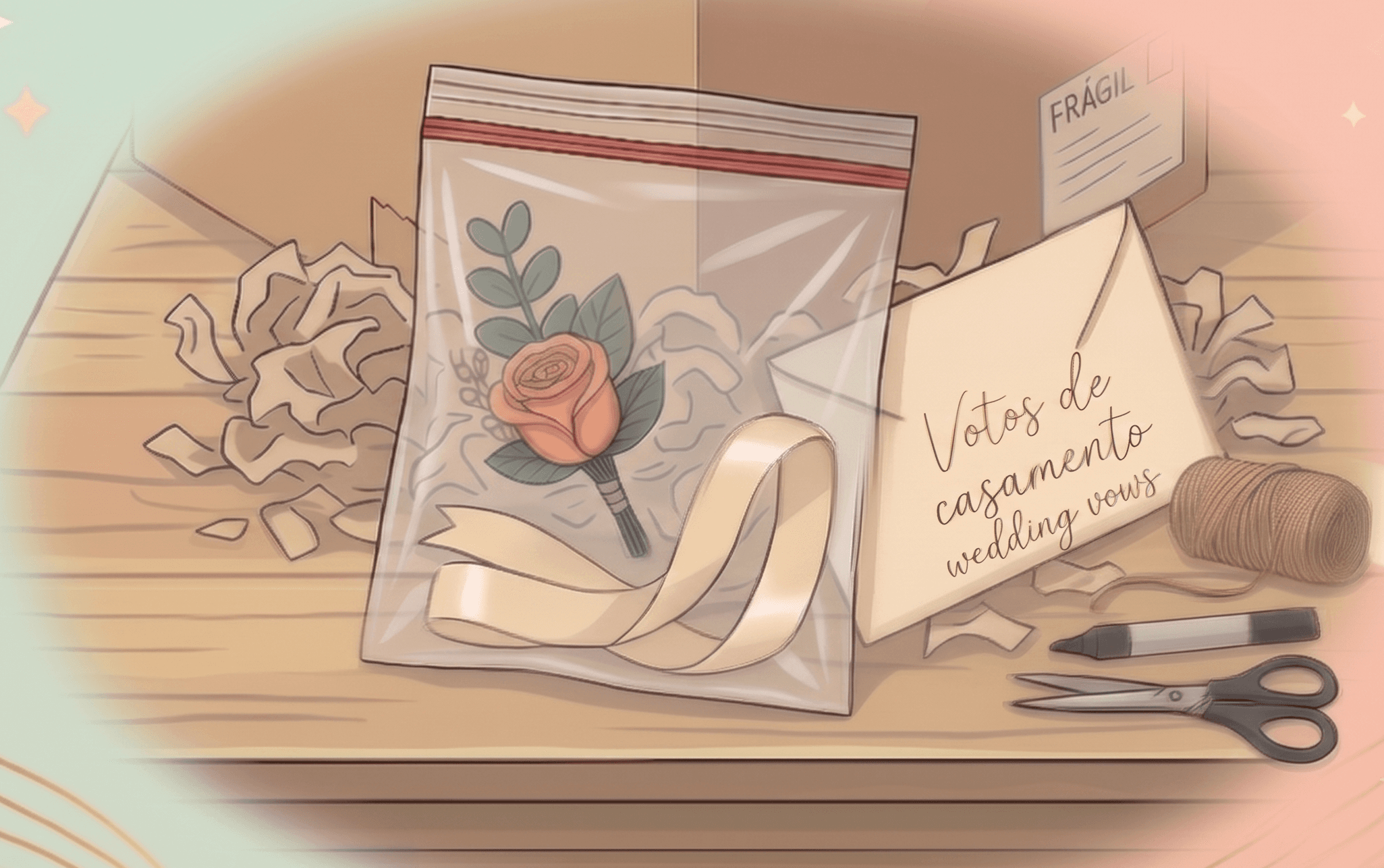 Sealed bag with a flower, a ribbon and a wedding-vows letter, beside the box.