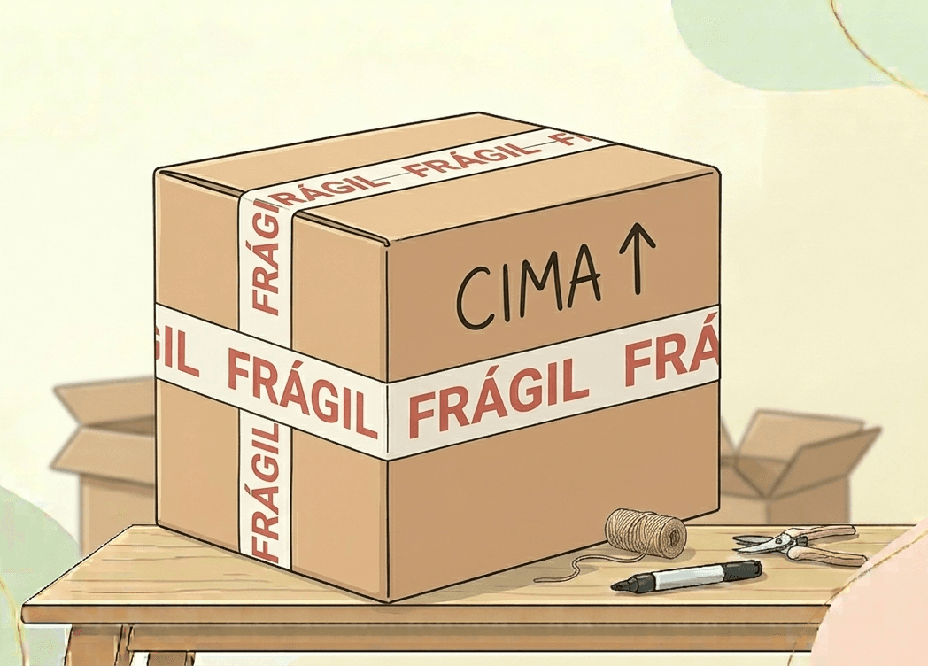 Sealed cardboard box marked FRAGILE with a THIS WAY UP arrow pointing upwards.